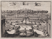KG 06658
<br/>
Het Loo, vanaf de portico in de tuin
<br/>
<em>Hooghe, Romeyn de (1645-1708)</em>